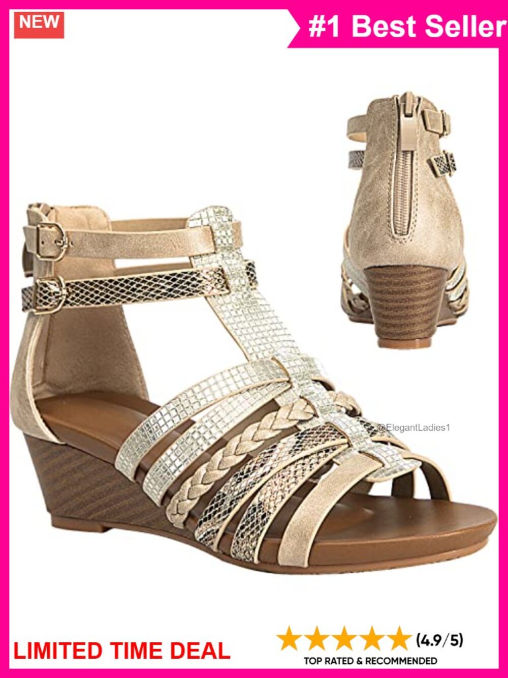 Womens Gladiator Sandals Faux Leather Strappy Wedge Open Toe Back Zipper
